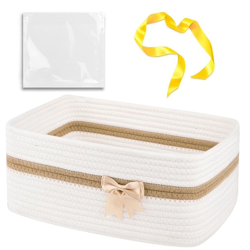 OIAHOMY Large Woven Storage Basket with Handles for Nursery Living Room Shelves, Bow Basket for Gifts Empty with Gift Bags and Ribbons for Baby Showers Pet Toy Bin - White - Image 1